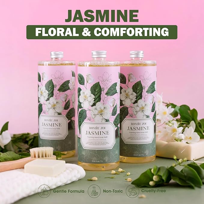 Natural Jasmine Foaming Hand Soap Refills 3-Pack (33.8 Fl Oz Each) with Dispenser - Plant-Based, Non-Toxic, Large Volume for Kitchen, Bathroom - Great Value Gift Set for Housewarming