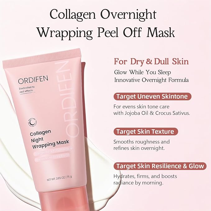 Collagen Night Wrapping Mask for Glowing Skin, Collagen Overnight Wrapping Peel Off Facial Mask for Elasticity Hydration, Reduce Sagging Dullness, 2.65 fl.oz, Pink(Brush Included)