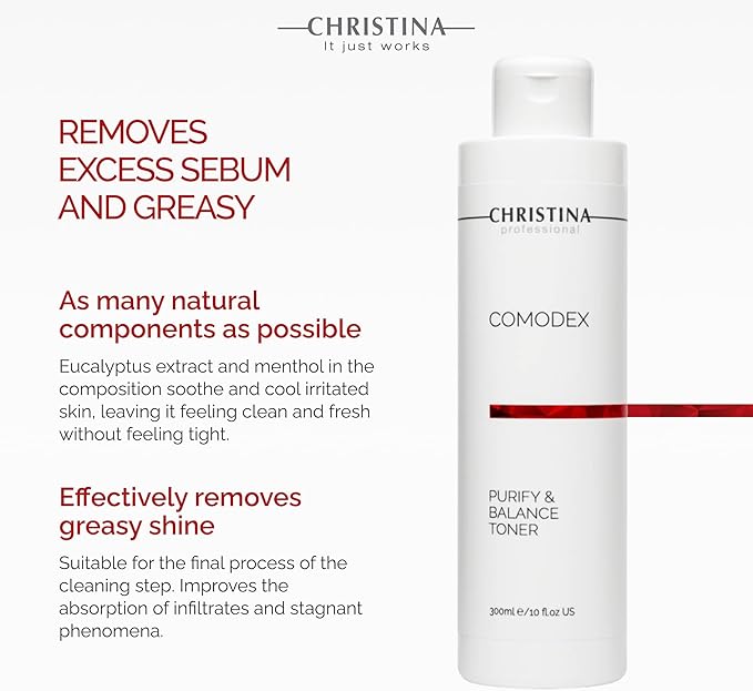 Christina Comodex Purify & Balance Facial Toner - 300ml - Non-Drying Formula with Eucalyptus and Tasman Pepper Extract - PH Balancing Toner for Combination, Normal and Oily Skin Types.