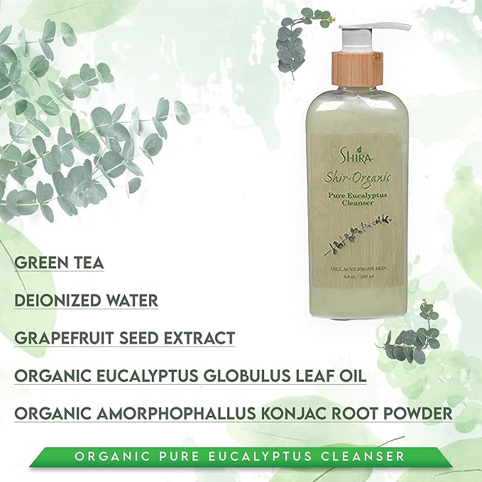 Shir Organic Eucalyptus Cleanser Hydrating Facial Cleanser for Normal to Oily Skin. Antibacterial Acne Cleanser with Eucalyptus (200 ml)