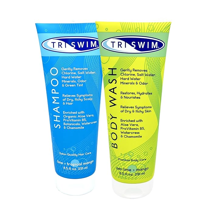 TRISWIM Chlorine Removal Body Wash & Swim Shampoo Set 8.5 fl oz Each | Complete Swim Care Kit with Aloe Vera, Pro-Vitamin B5, and Chamomile | Ideal for Hydrating Skin and Revitalizing Hair Post-Swim