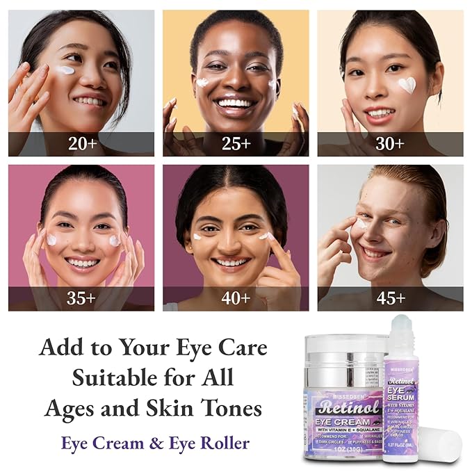 Retinol Vitamin C Eye Cream & Serum Set for Anti-Aging Treatment - Gentle Formula for Sensitive Skin (30g/1 OZ and 8ml/0.27 OZ)