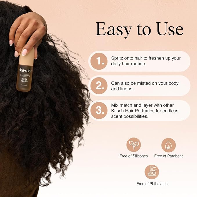 Kitsch Rustic Vanilla Hair Perfume for Women – Clean, Deodorizing & Patented Odor-Eliminating Technology Hair Spray & Body Mist - Warm Tonka, Vanilla Perfume & Cedar Blend - 50 ml