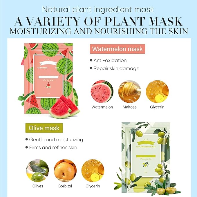 10 Sheets Face Masks Skincare for All Skin Types, Hydrating Face Masks Suitable for Sensitive Skin,Watermelon, Aloe Vera, milk, Goat, Peach, Bulk Facial Masks for Women