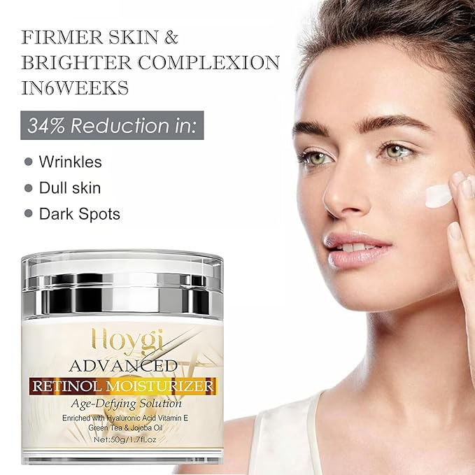 Advanced Retinol Moisturizer, Anti-Aging Cream with Hyaluronic Acid, Vitamin E, Green Tea & Jojoba Oil for Wrinkles, Hydrating and Improving Skin Elasticity - All Skin Type -1.7 Oz