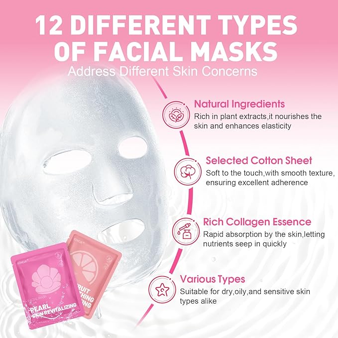 12 Pack Collagen Hydrating Face Masks Skincare, Sheet Face Mask for All Skin Types, Facial Masks Set for Women Skin Care, Face Mask Bulk Spa Gifts for Women