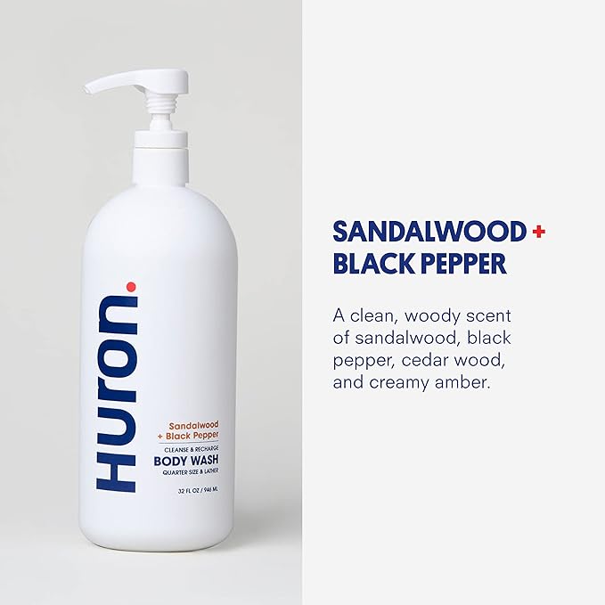Huron Men’s Moisturizing Body Wash - Clean & Woody Scent of Sandalwood, Black Pepper, Cedarwood, & Amber - Made With Coconut Oil, Vitamin E & Witch Hazel - Vegan, Cruelty-Free - 30.3 fl oz
