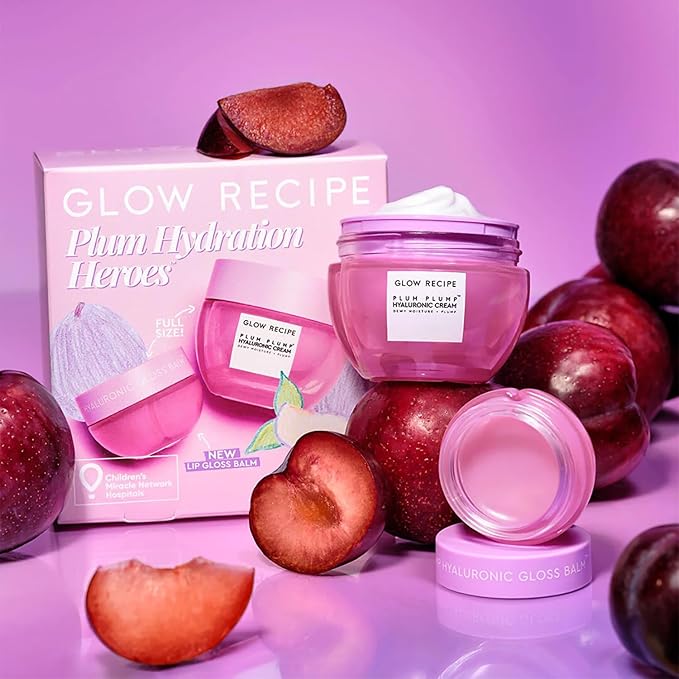 Glow Recipe Plum Hydration Heroes Holiday Kit - Plum Plump Hyaluronic Acid Cream (50ml) & Ultra Moisturizing Gloss Balm (15ml) - Hydrate, Plump, and Balance Dry Skin & Parched Lips - Vegan Set (2-Pc)