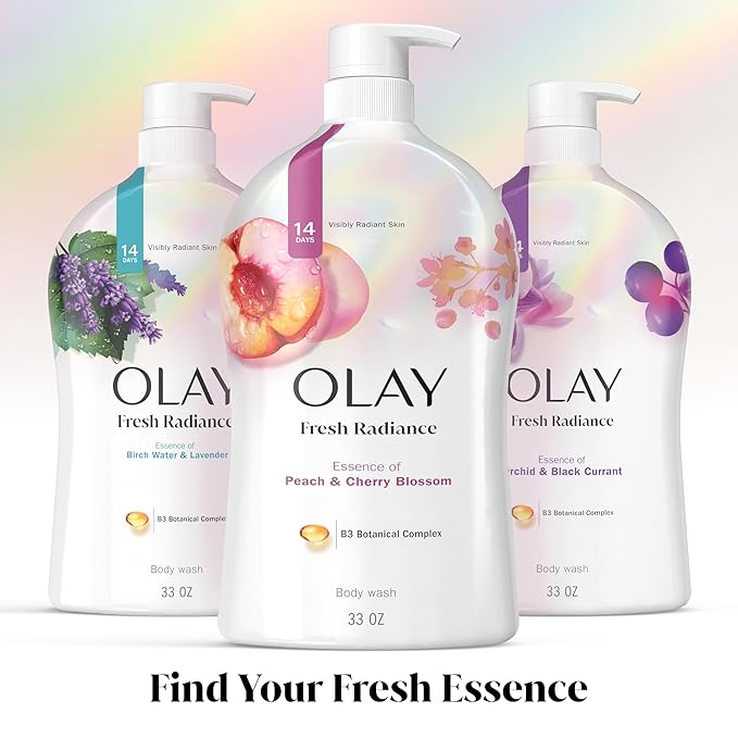Olay Body Wash for Women, Fresh Radiance, Refreshing & Renewing, Made with Plant Based Cleansers, B3 Botanical Complex, For All Skin Types, Peach & Cherry Blossom Scent, 33 fl oz