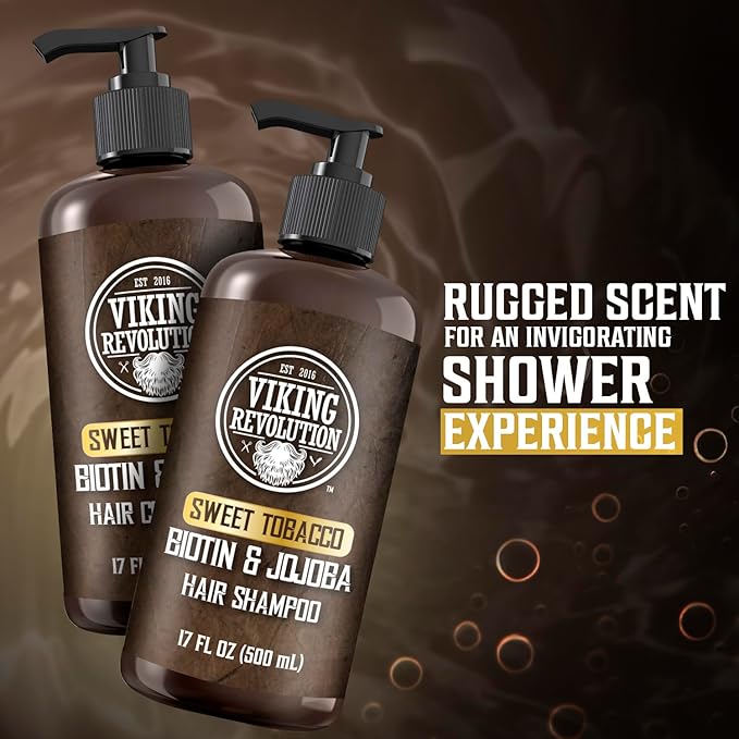 Viking Revolution Sweet Tobacco Mens Shampoo and Conditioner Set with Biotin and Jojoba Oil - Natural Hair Shampoo and Hair Conditioner for Men with Vitamin B5 - Mens Shampoo for Thinning Hair (17Oz)