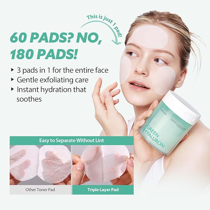 milktouch Green Hyaluron Toner Pads - Hydrating & Soothing Facial Pads w/Hyaluronic Acid & Centella Asiatica for Sensitive Skin, Pore Care, Daily Use, Calming, Moisturizing, Korean Skincare 60pcs