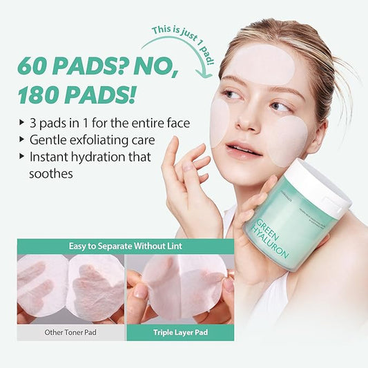 milktouch Green Hyaluron Toner Pads - Hydrating & Soothing Facial Pads w/Hyaluronic Acid & Centella Asiatica for Sensitive Skin, Pore Care, Daily Use, Calming, Moisturizing, Korean Skincare 60pcs