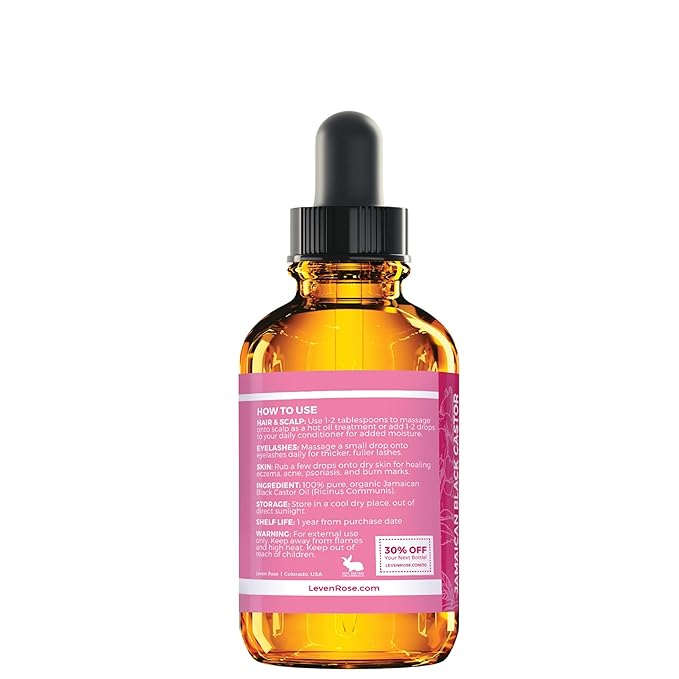 Leven Rose Organic Jamaican Black Castor Oil for Hair Growth, 100% Organic Cold Pressed Hexane Free Black Jamaican Castor Oil 1oz