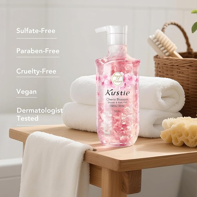 Kustie Cherry Blossom Petal Body Wash with Niacinamide & Real Flower Extracts – Brightening & Hydrating Perfume Shower Gel with Antioxidants, Amino Acids & Long-Lasting 24H Floral Fragrance, 12.8 oz
