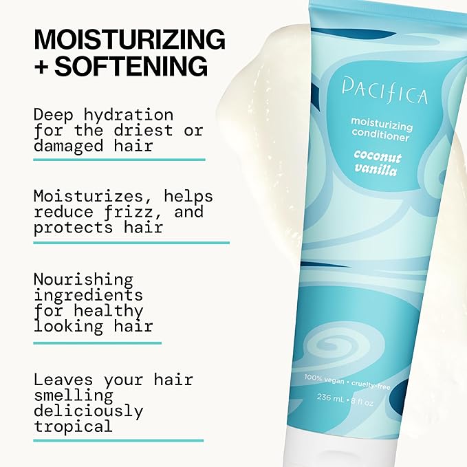 Pacifica Coconut Vanilla Moisturizing Hair Conditioner – Deep Hydrating Treatment for Dry & Damaged Hair, Restorative Shine, Vegan & Sulfate Free Clean Beauty & Hair Care 8 fl oz