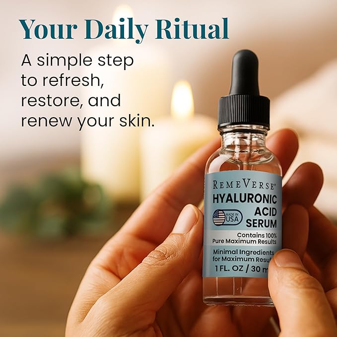 RemeVerse Hyaluronic Acid Serum - 100% Pure Formulation for Face, Lips & Décolleté - Intense Moisture for Dry Skin & Fine Lines - Wrinkle-Reducing Formula for a Youthful & Plump Appearance, 1 oz