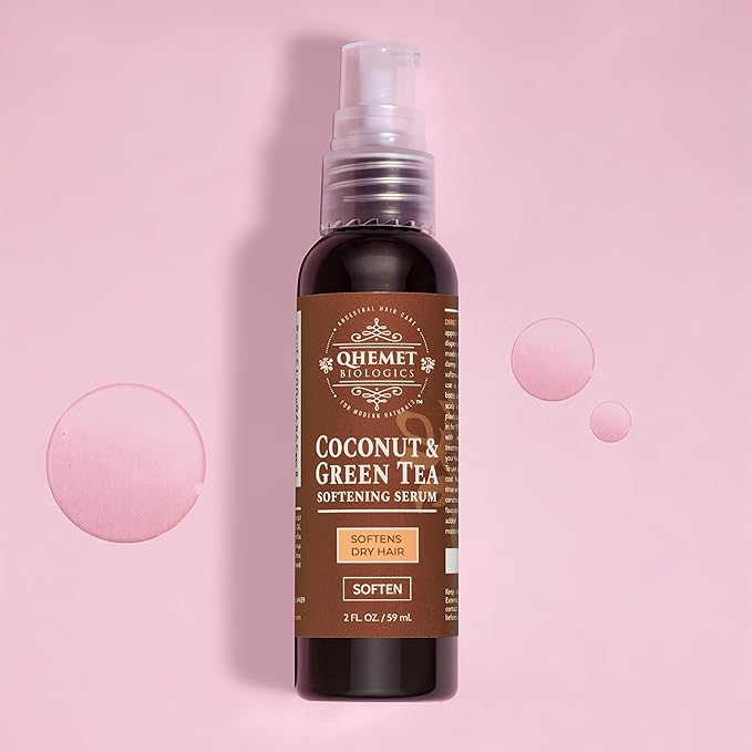 Qhemet Biologics Coconut & Green Tea Softening Serum - Lightweight Hair Serum to Soften, Smooth & Revitalize Dry Hair - Adds Slip and Shine to Thin, Fine, Low Porosity Strands (2 oz)