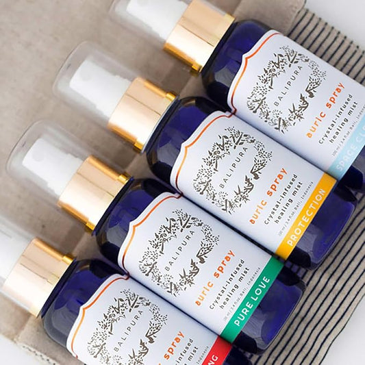 BALIPURA - 4 pc Variety Aura Cleansing Sprays Gift Set with Linen Bag - Infused with Crystal - Organic Essential Oils - 100ml Each