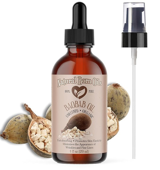 Natural Born Oils 4oz Baobab Oil, 100% Pure and Natural, Organic, Cold-pressed, Unrefined, Non-comedogenic, Moisturizing, Includes Pump & Dropper