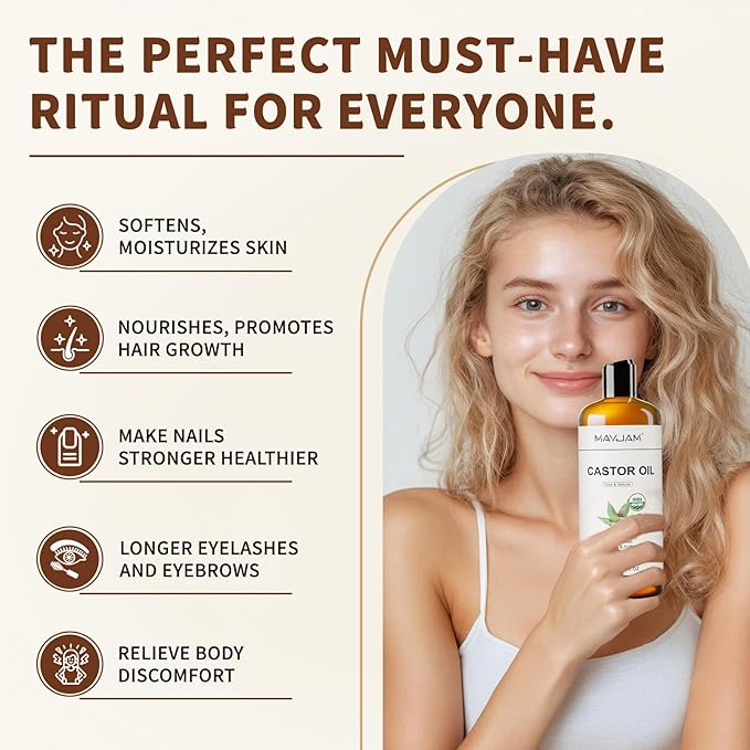 Organic Castor Oil 16 oz, 100% Pure Cold Pressed Castor Oils for Hair Growth, Eyebrows, Eyelash, USDA Certified Caster Carrier Oil for Body, Skin & Face Moisturizer