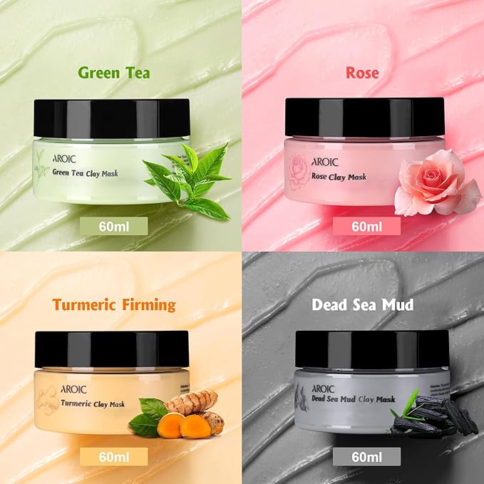 4 Pack Clay Mask, Vitamin C Turmeric Dead Sea Mud Facial Mask, Rose, Green Tea Clay Masque Set - Weekly Self Care Spa Gift for Women and Men, Skincare for Deep Cleansing Pore Minimizing Face Treatment
