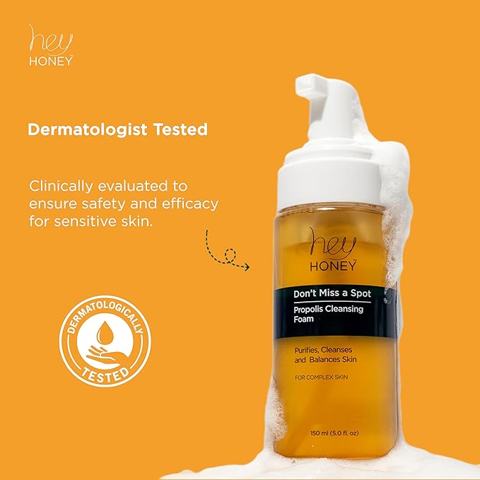Hey Honey Skincare Propolis Facial Cleanser Foam Formula that Replenishes Skin Barrier | Gentle Face Wash for Oily, Acne-Prone & Sensitive Skin | Natural Ingredients, Non-Comedogenic | 5 oz
