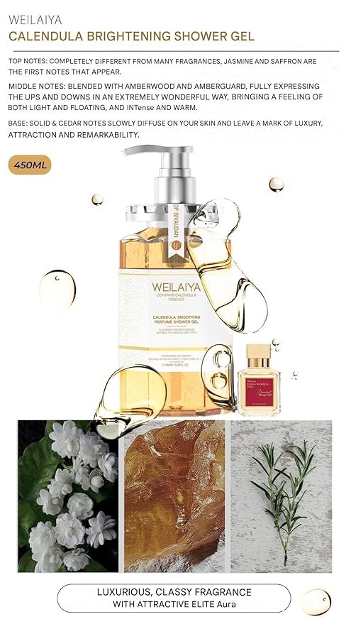 Weilaiya Calendula Shower Gel – 450mL / 15.2 fl oz – Soothing Body Wash for All Kinds of Skin, Especially Sensitive Skin – Natural Calendula Extract, Hydrating & Gentle Daily Anti Aging Cleanser