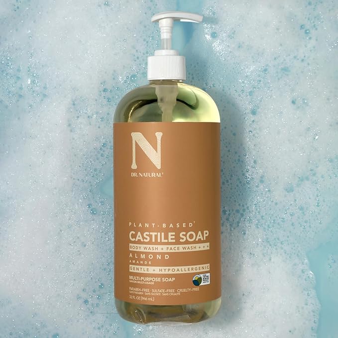 Dr. Natural Castile Liquid Soap - Multi-Use Body Wash, Shampoo and Face Wash - Hydrating Body Soap for Skin, Hair, Pets and Home - Almond - 2 pc