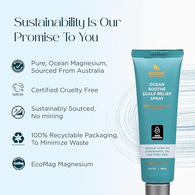 Ocean Soothe Scalp Relief Spray with Highly Concentrated Magnesium Salt for Dry and Flaky Skin, Quick Absorption, All Natural and Fragrance-Free Leave-In Scalp Treatment, 60mL