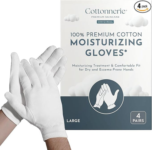 Cottonnerie Original Cotton Gloves for Dry Hands Sleeping, Moisturizing Gloves Overnight, Hand Moisturizer Gloves, Moisture Gloves for Dry Hands Overnight, Sleeping Gloves, Large 4 Pairs