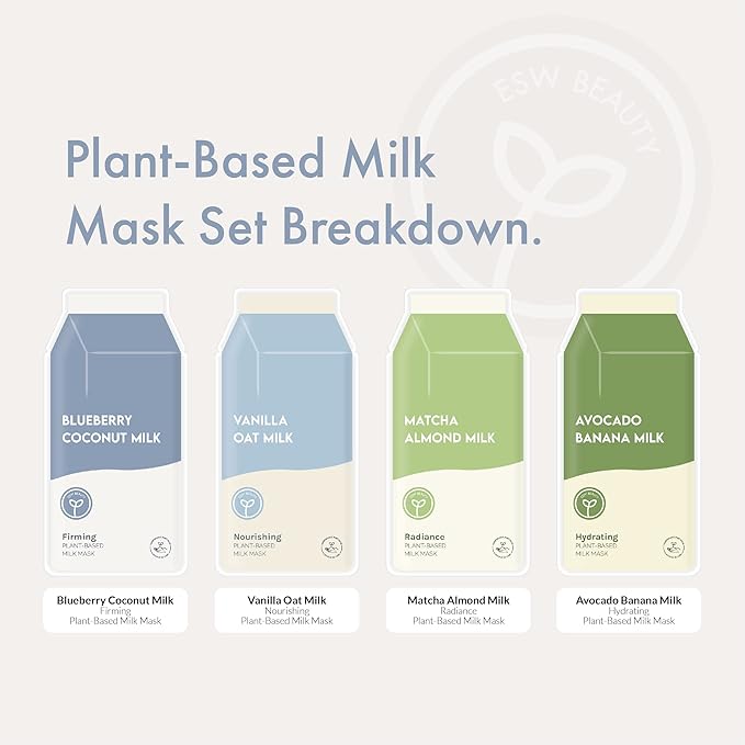ESW Beauty Plant-Based Milk Face Masks - 8-Pack Skincare Set - Hydrating, Radiance, Firming & Soothing with Avocado, Matcha, Blueberry, Vanilla & Oat Extracts for All Skin Types
