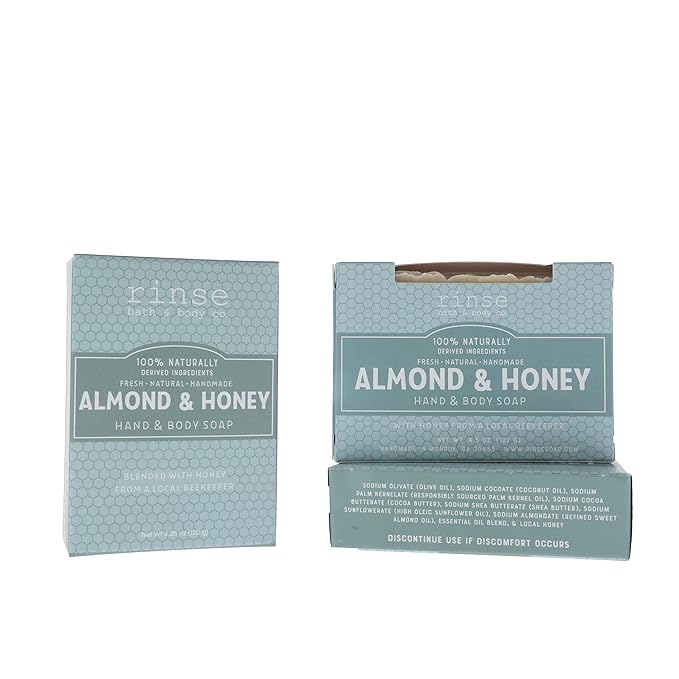 Rinse Bath & Body Almond and Honey Soap - Handmade Castile Soap w/Local Honey | Naturally Moisturizing Bar Soap | Shea & Cocoa Butter | Essential Oils | Natural Soap | Vegan | Gluten Free | 4.25oz