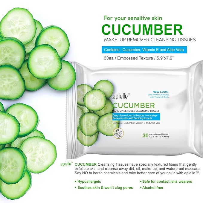 Epielle New Makeup Remover Cleansing Wipes Tissue - Cucumber 30 Count 6 Pack | Gentle for all Skin Types | Daily Facial Cleansing Towelettes | Removes Dirt, Oil, Makeup (Cucumber)