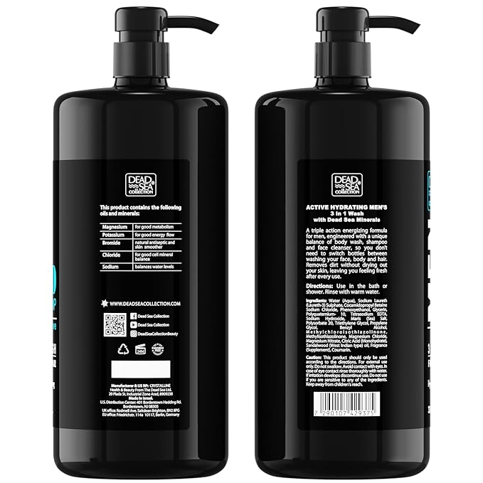 Dead Sea Collection TOP 10 ACTIVE Mens Body Wash 3 in 1 – Sandalwood Body Wash for Men – Shower Gel – Shampoo – Shower Soap for Face and Hair – Pack of 2 Bottles (33.8 Fl. Oz. Each)