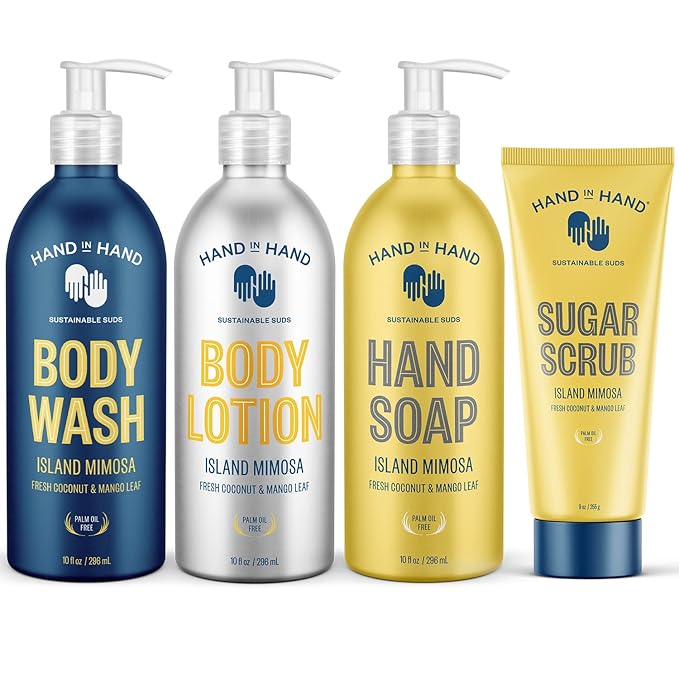 Hand in Hand Body Wash, Body Lotion, Liquid Hand Soap, and Sugar Scrub Combo Pack, Fresh Coconut & Mango Leaf, Island Mimosa Scent