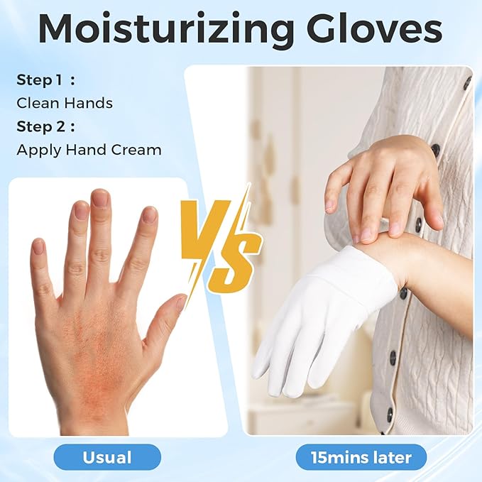 Donfri 2 Pairs White Moisturizing Gloves Overnight Cotton Gloves for SPA, Dry Hands Eczema, Hand Care, Day and Night Healing，Reusable