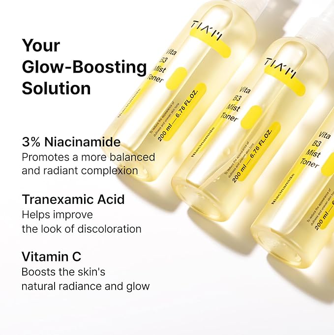 TIA'M Vita B3 Mist Toner, 6.76 fl oz, Glow Boosting Facial Spray with Niacinamide, Tranexamic Acid, and Vitamin C for All Skin Types, Hydrating & Refreshing, Korean Skin Care