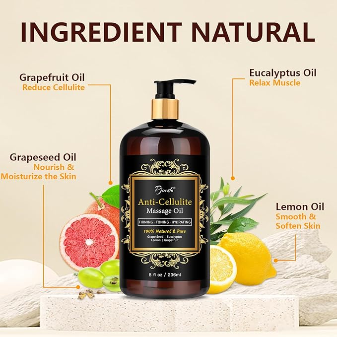 Anti Cellulite Massage Oil for Massage Therapy, 100% Natural & Pure Body Firming Oil for Reducing Cellulite, Firming & Moisturizing Skin, Fast Absorbing, Cellulite Remover for Leg & All Body
