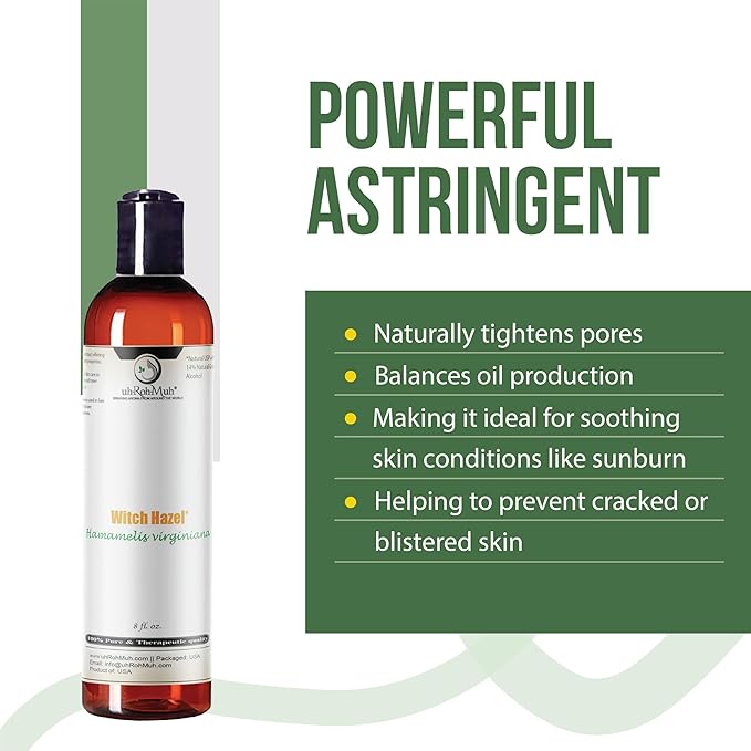 Witch Hazel Natural USP Oil – 100% Pure with 14% Natural Grain Alcohol | Hamamelis Virginiana Extract for Face, Skin, Hair & Wellness | Astringent & Soothing Properties | 8 Fl Oz