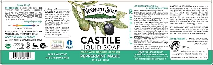 Vermont Castile Soap Peppermint, Gentle Liquid Soap for Sensitive Skin & Natural Body Wash, Organic Hair Shampoo for Oily Hair, Aloe Castile Soap for Men & Women - 64 Oz