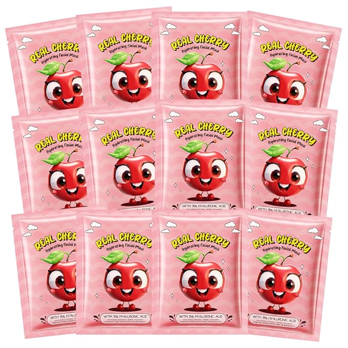 Kaely 12 Pack Cherry Face Masks for Kids, Kids Face Mask Spa Day Kit Supplies, Spa Party Favors for Teens Girls Women, Sheet Facial Mask Skincare Gifts Set, Moisturize Soothe for All Skin Types, 05