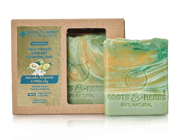 ROOTS AND HERBS Ayurvedic Bar Soap Natural Treatment 100% Vegan, No Paraben, No SLS, No Sulphate, Nourishing Avocado, Bergamot and White Lily Cold Process Gourmet Cleansing Body Soap