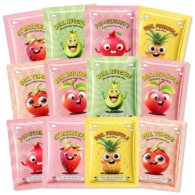 Kaely 12 Pack Fruit Face Masks for Kids, Kids Face Mask Spa Day Kit Supplies, Spa Party Favors for Teens Girls Women, Sheet Facial Mask Skincare Gifts Set, Moisturize Soothe for All Skin Types, 03