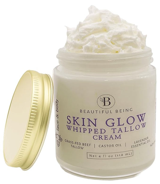 SKIN GLOW -Grass-Fed Beef Whipped Tallow Moisturizer Cream for Face & Body, Calming Night Cream for Dry Sensitive Skin, Non-Toxic Ancestral Skincare (LAVENDER, 4oz)