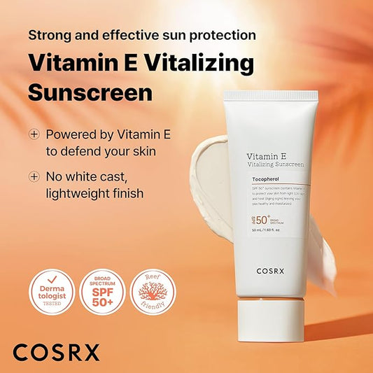 COSRX Vitamin E Vitalizing Face Sunscreen SPF 50, 1.69 fl oz, SPF Moisturizer, Lightweight under Makeup, Travel Essentials, Summer Essentials, Korean Skin Care, Korean Sunscreen for Face