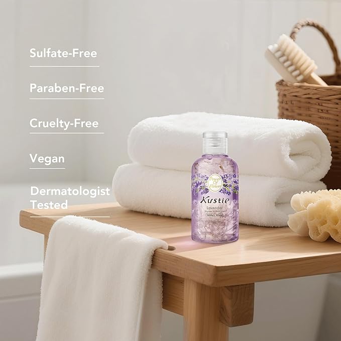 Kustie Lavender Travel Size Body Wash – 100ml Mini Shower Gel with Real Provence Petals & Tea Tree Oil – Antibacterial, Moisturizing, 24HR Floral Scent for Oily, Sensitive & Acne-Prone Skin