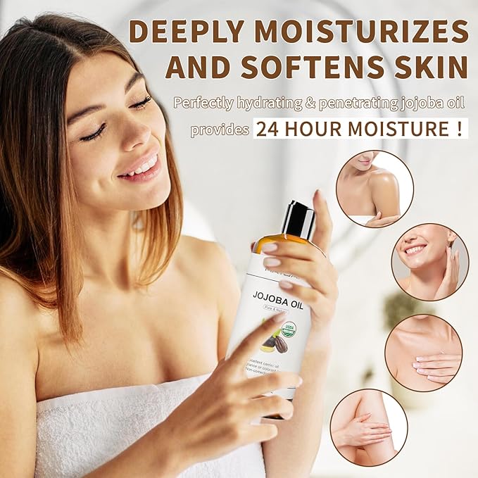 16 Oz Jojoba Oil for Skin, USDA Certified Cold Pressed Jojoba Oil for Hair, Face, Body, Ear Stretch, Nails,Massage, Deeply Moisturizing, Carrier Oil for Essential Oils Mixing(473ML)