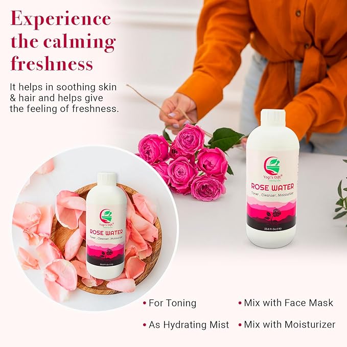 100% Pure Rose Water 33.8 fl oz | for Face & Hair | Alcohol Free & Artificial Coloring Free | by Yogi's Gift® (33.8 fl oz)