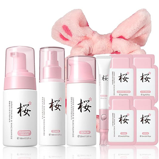 Sakura Skin Care Set, Cherry Blossom Collagen Rejuvenating Facial Kit, Skin Care for Kids & Women with Cleanser, Toner, Serum, Eye Cream, Travel Size Skincare, Nourishing, All Skin Types (9 PCS)