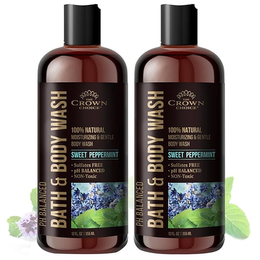 Natural Body Wash for Women, Men & Kids - Peppermint & Lavender - 12oz pH 5.5-Best pH Balance-Liquid Soap for All Skin Types-Moisturizing Sulfate & Chemical Free Shower / Bath Liquid Gel (2 Packs)